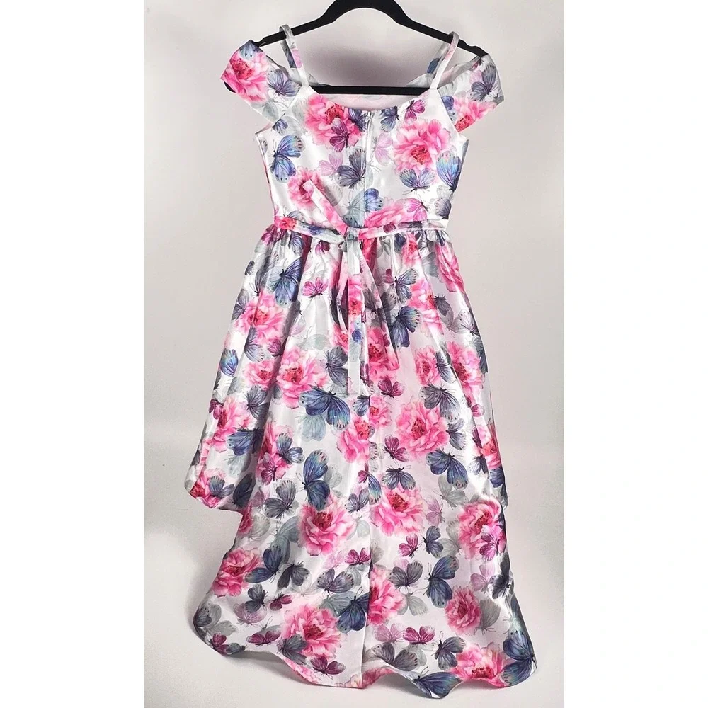 Rare Editions High-Low Dress Girls 10 White Pink Floral Butterfly Rhinestone